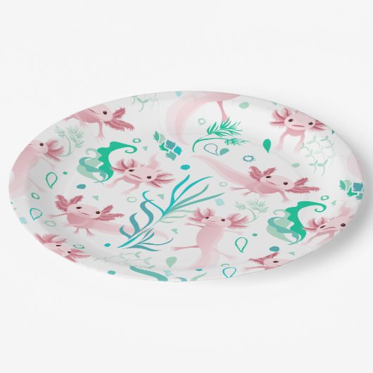 Assiettes En Carton Axolotta rose sur blanc (Angle)