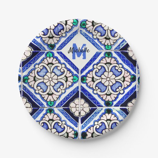Assiettes En Carton Azulejo Motif espagnol Carreaux marine Monogramme  (Devant)