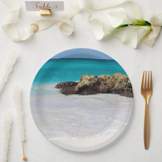 Assiettes En Carton Azure Ocean Sandy Beach Photo (Mariage)
