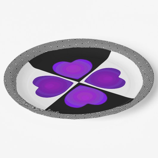 Assiettes En Carton B&W Purple Hearts Beating (Angle)