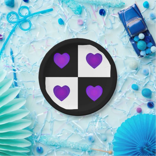 Assiettes En Carton B&W Purple Hearts Beating (Fête)