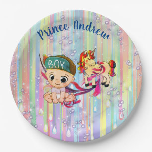 Assiettes En Carton Baby Boy arc-en-ciel Bubbles & Unicorns Baby showe