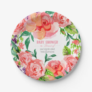 Assiettes En Carton Baby Girl Douche Floral moderne Rose rose chaud