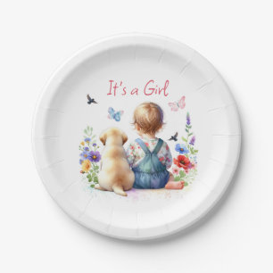 Assiettes En Carton Baby Girl et son chiot C'est une aquarelle fille