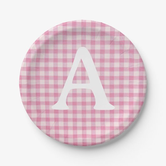 Assiettes En Carton Baby Pink Gingham Custom Initial (Devant)