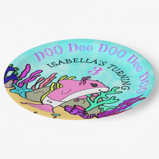 Assiettes En Carton Baby Shark Coral Turquoise fête d'anniversaire (Angle)