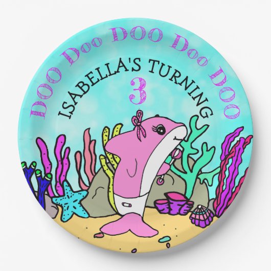 Assiettes En Carton Baby Shark Coral Turquoise fête d'anniversaire (Devant)