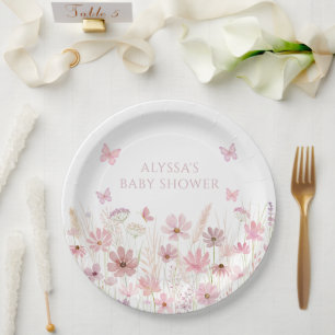 Assiettes En Carton Baby-Show Fleurs Sauvages Papillon Rose