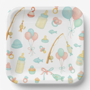 Assiettes En Carton Baby shower à bâche de pêche sur le thème des amou