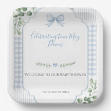 Baby Shower à la verdure à carreaux avec noeud ble