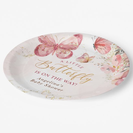 Assiettes En Carton Baby shower à papillon rose boho (Angle)