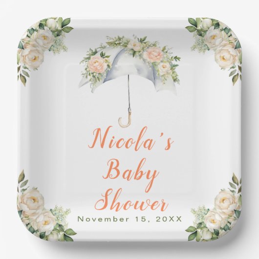 Assiettes En Carton Baby shower à parapluies florales (Recto)