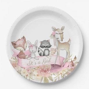 Assiettes En Carton Baby shower animal de Girl Woodland