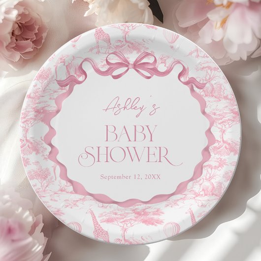 Assiettes En Carton Baby shower animalier rose Toile de Jouy