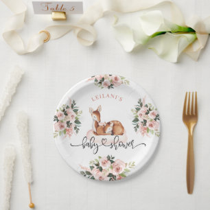 Assiettes En Carton Baby shower Aquarelle Cerf rose Floral