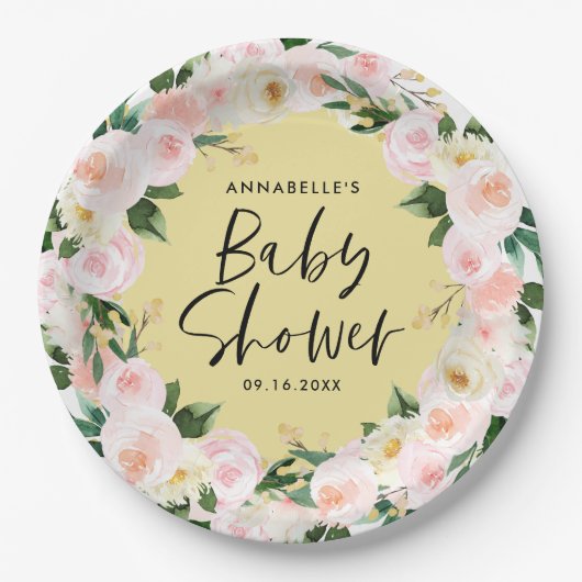 Assiettes En Carton Baby shower aquarelle jaune girly script floral (Devant)