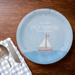 Assiettes En Carton Baby shower Aquarelle Rustique Moderne Voilier