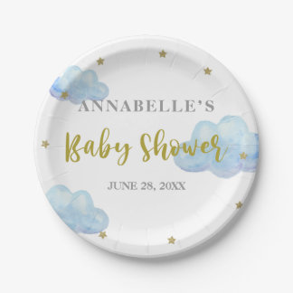 Assiettes En Carton Baby shower Aquarelle Twinkle Star Blue Clouds