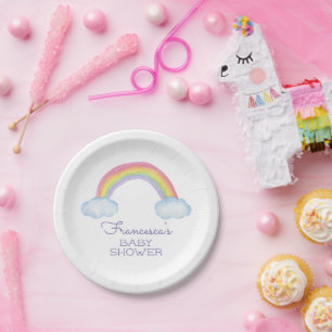 Assiettes En Carton Baby shower arc-en-ciel à l'aquarelle