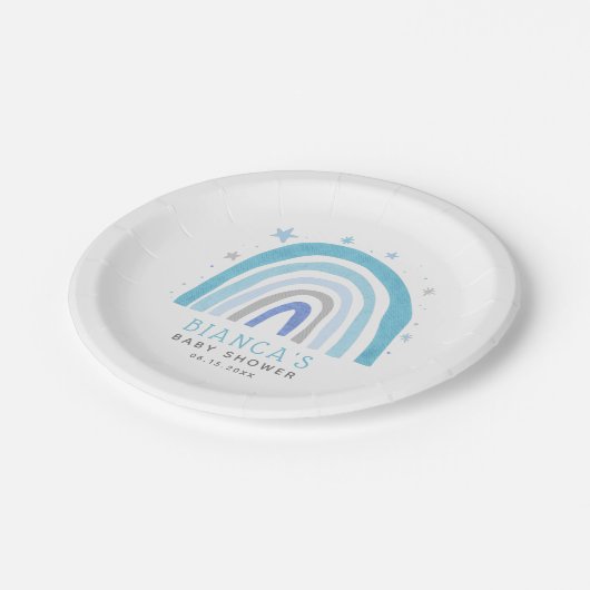 Assiettes En Carton Baby shower arc-en-ciel bleu Boho (Angle)