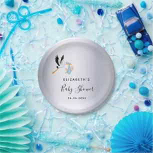 Assiettes En Carton Baby shower argent garçon bleu cigogne