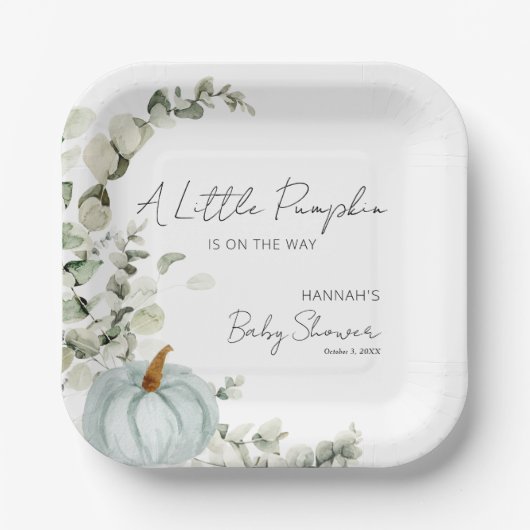 Assiettes En Carton Baby shower Automne Un Peu Citrouille Bleu (Recto)