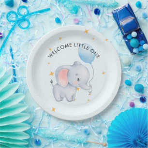 Assiettes En Carton Baby Shower aux éléphants joueurs bleus