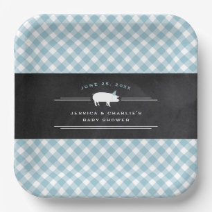 Assiettes En Carton Baby Shower BBQ Bébé Gingham Bleu Mixte