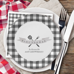 Assiettes En Carton Baby Shower BBQ Typographie Vintage Gingham Gris