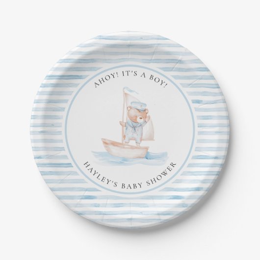 Assiettes En Carton Baby shower Bear Bleu Stripe (Devant)