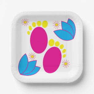 Assiettes En Carton Baby shower bébé fille bébé pieds colorés Floral