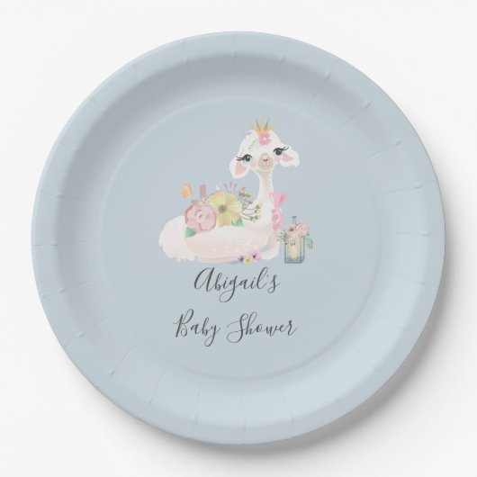 Assiettes En Carton Baby shower bébé Llama bleu et blanc (Devant)