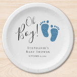 Assiettes En Carton Baby shower bébé pieds bleus<br><div class="desc">Prévoyez-vous le baby shower d'un garçon ? Ces assiettes en papier Baby shower de mignonette Boy sont décorées de pieds bébés en parties scintillant bleue et disent "Oh garçon" dans la typographie stylisée. Le texte est personnalisable. Aquarelle originale © Michele Davies.</div>
