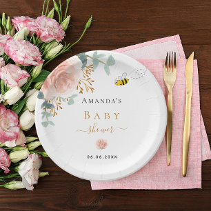 Assiettes En Carton Baby shower bee bee rose floral vert fille