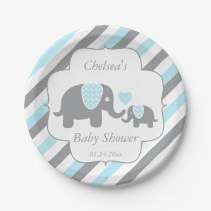 Assiettes En Carton Baby shower blanc, bleu et gris d'éléphants de