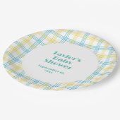 Assiettes En Carton Baby shower blanc bleu jaune rayures (Angle)