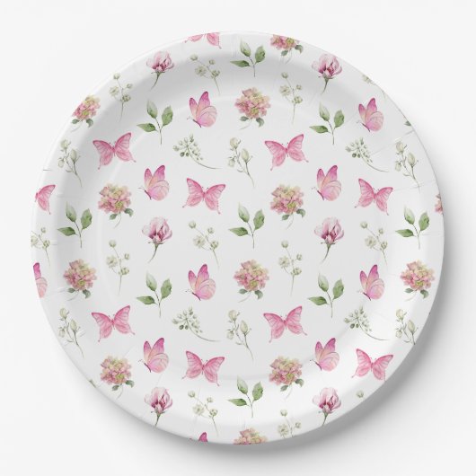 Assiettes En Carton Baby shower blanc rose papillon (Devant)
