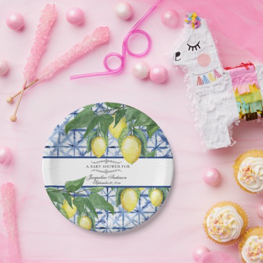 Assiettes En Carton Baby shower bleu blanc Folial Citrus citron (Fête)