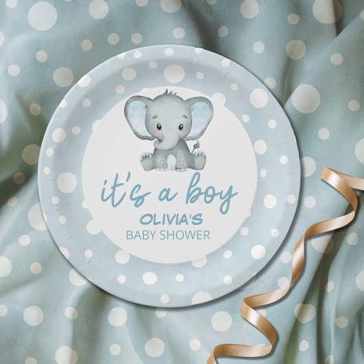 Assiettes En Carton Baby shower bleu Eléphant