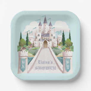 Assiettes En Carton Baby shower bleu illustré Storybook Castle