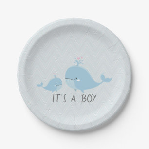 Assiettes En Carton Baby shower bleu mignon de Chevron de baleines de
