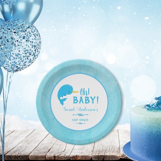 Assiettes En Carton Baby shower bleu Narwhal
