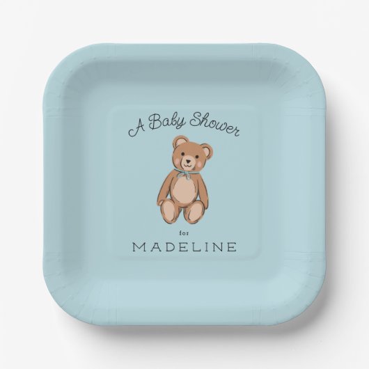 Assiettes En Carton Baby shower bleu Teddy Bear classique (Recto)