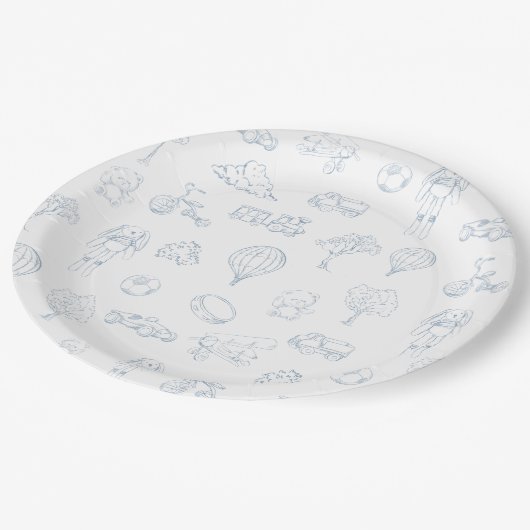 Assiettes En Carton Baby shower bleu Toile de Jouy (Angle)