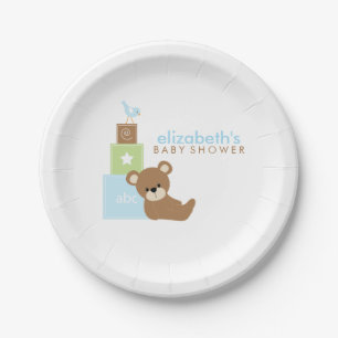 Assiettes En Carton Baby shower Blue Bear and Toy Blocks
