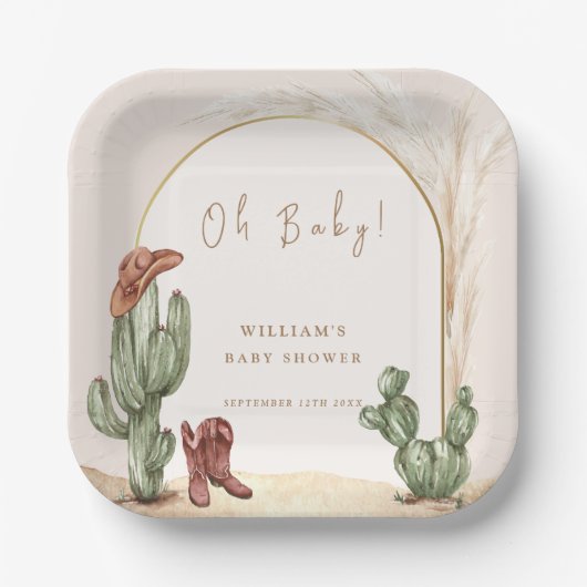 Assiettes En Carton Baby shower Boho Cactus Arch Desert Cowboy (Recto)