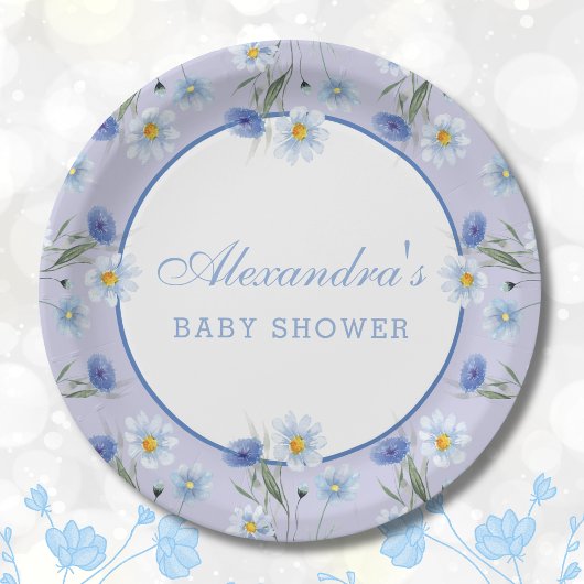 Assiettes En Carton Baby shower Boho Dusty Blue Fleur sauvage