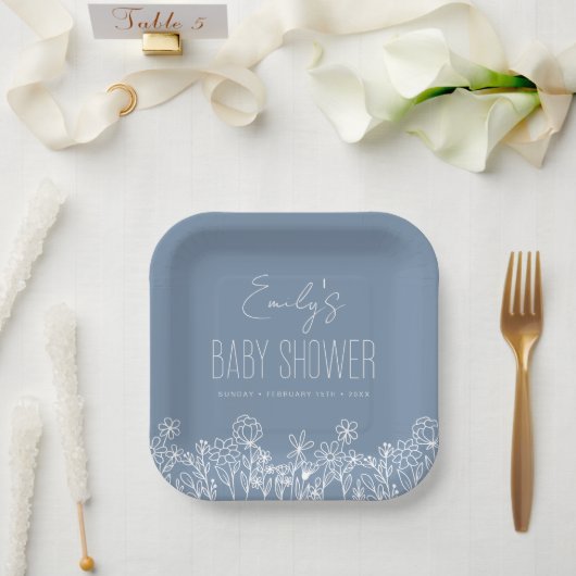 Assiettes En Carton Baby shower Boho Dusty Blue Fleur sauvage En Fleur (Mariage)