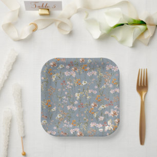 Assiettes En Carton Baby shower Boho Dusty Blue Fleur sauvage En Fleur