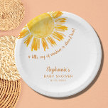 Assiettes En Carton Baby shower Boho Jaune Sunshine<br><div class="desc">Ces plaques en papier baby shower portent le texte "Un petit rayon de soleil est presque là !" avec un soleil jaune aquarelle. Parfait pour un baby shower sans distinction de genre. Facile à personnaliser. Utilisez l'outil de conception pour modifier la taille, le style ou la couleur du texte. Parce...</div>